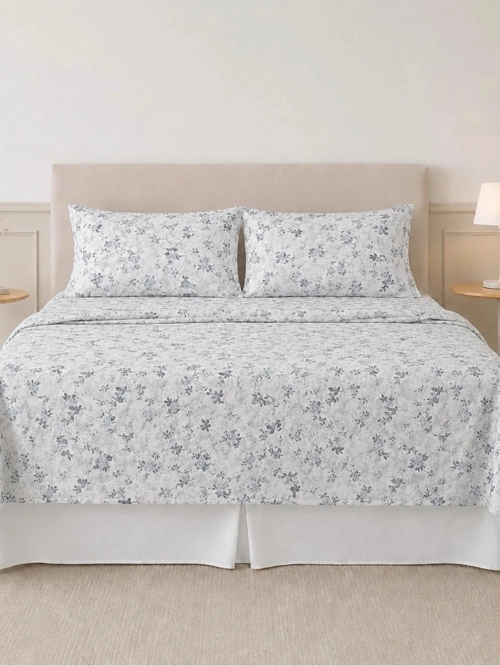 Floral Microfiber Sheet Set in Light Blue and Gray - Soft Printed Bedding